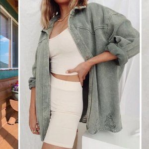 12th Tribe Olive Green Distressed Shacket, OS